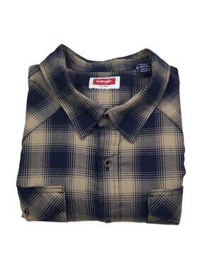 Wrangler Mens Plaid Flannel Button-Up Shirt 2XL Navy & Beige Long Sleeve Classic